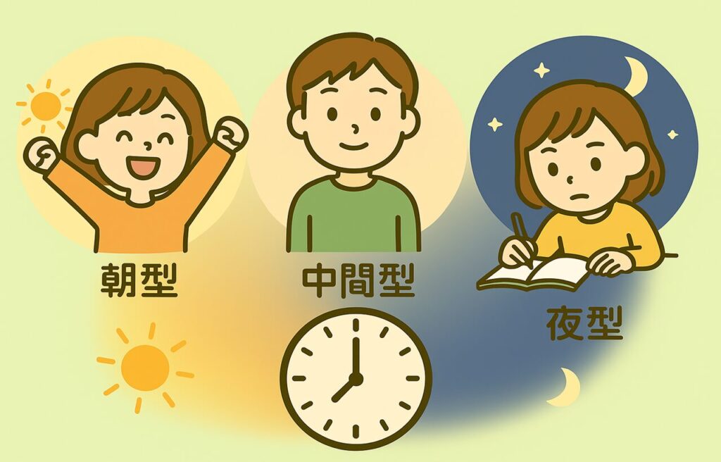 「朝型・中間型・夜型」の3タイプを表す図解イラスト。左から順に、朝型のすずちゃんが朝日を背に元気なポーズ、中間型の人物が中立的な表情で中央に、夜型のすずちゃんが月と星を背にノートに集中している。背景は太陽から月へグラデーションでつながっており、下には体内時計を示す丸い時計のイラストが描かれている。